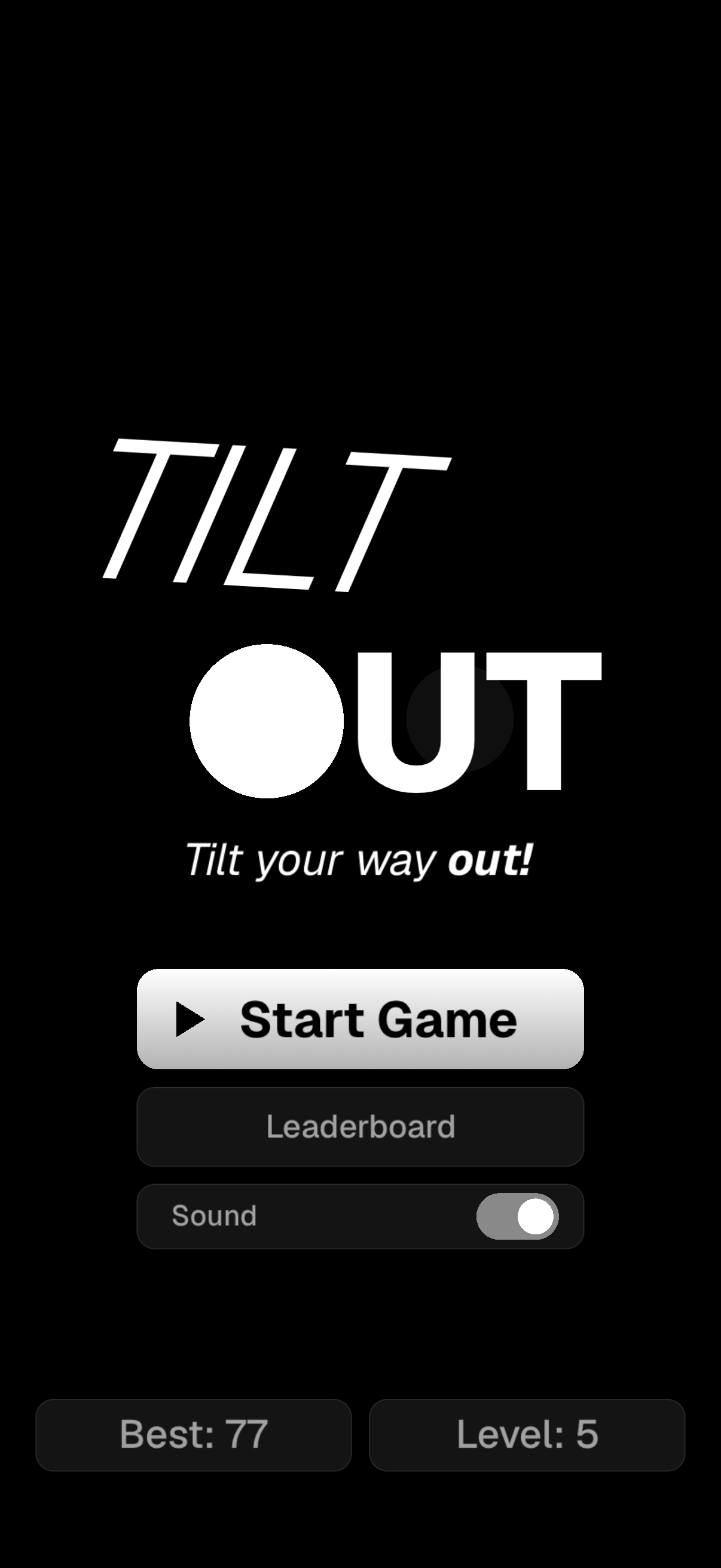 TiltOut menu screen